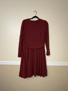 Boden Long Sleeve Swing Dress Size 12 Burgundy Midi Ruched Fit Flare